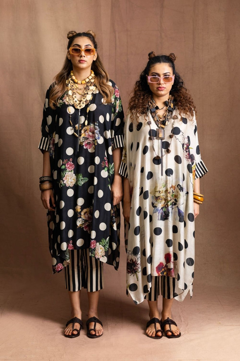 Square Tunic Set (Retro)-Black with white polka Pure Muslin Kurta Set Sabo by Sabina — Canvas & Weaves Singapore