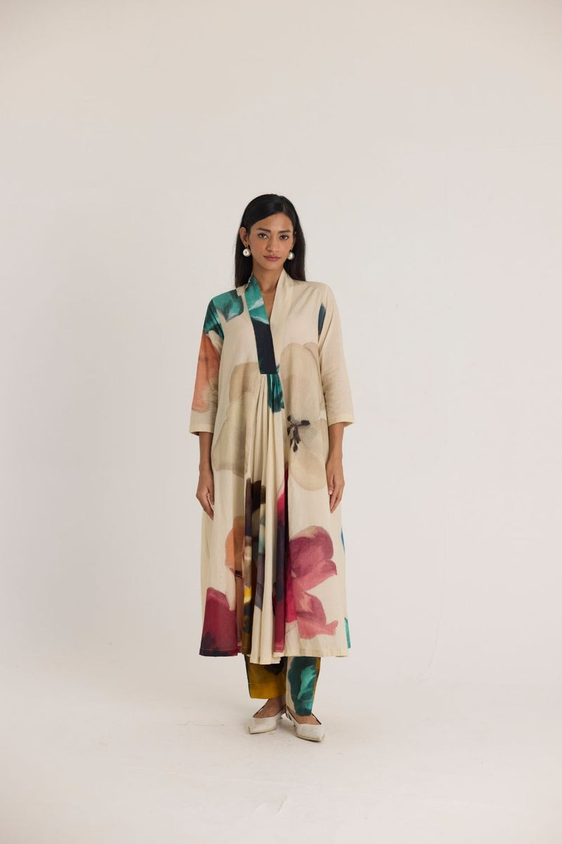 LILA LONG V NECK KURTA cotton by Yam in white color for women in Singapore