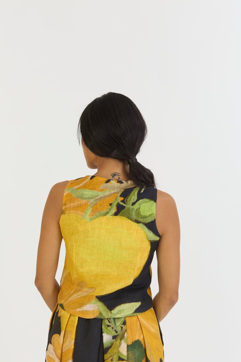POMELLO WAISTCOAT AND BOX PLEAT SKIRT SET linen by Yam in yellow color for women in Singapore