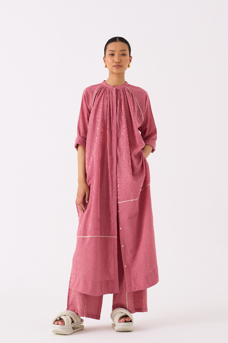 GATHER NECK SHIRT-PINK CHECK mul by THREE in pink color for women in Singapore