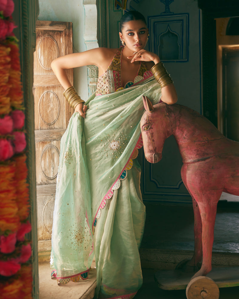 Khel Powder Blue Pearl Sprinkle Tissue Saree organza by Rajiramniq in blue color for women in Singapore
