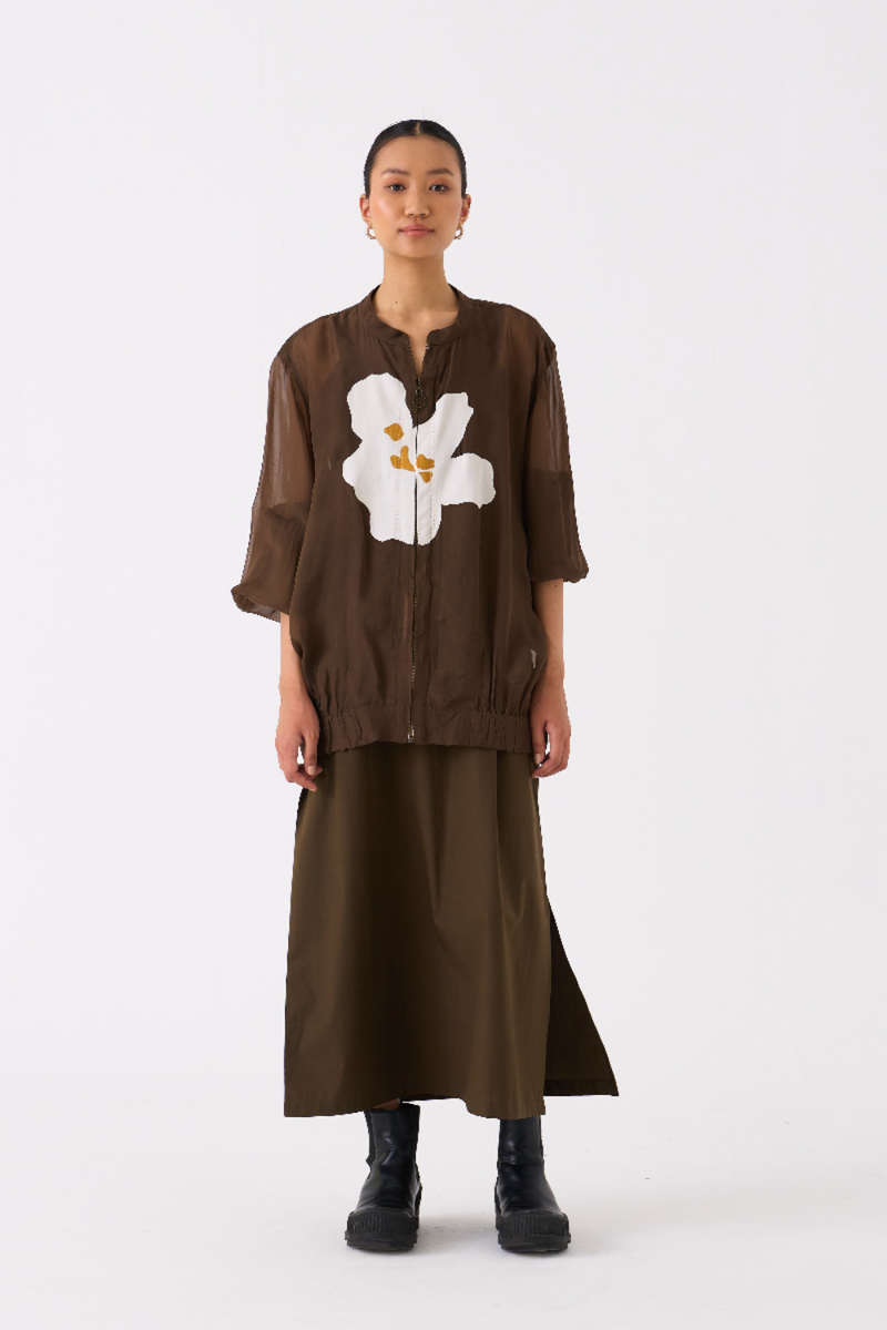 FLORAL APPLIQUE BOMBER JACKET CO-ORD (SET OF 2)-DARK OLIVE poplin by THREE in olive color for women in Singapore