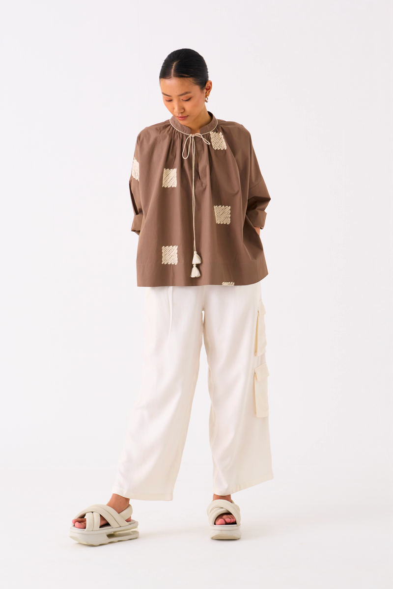 WAVE EMB. TOP CO-ORD 
(SET OF 2)-IVORY/ CEDAR chanderi by THREE for women in Singapore