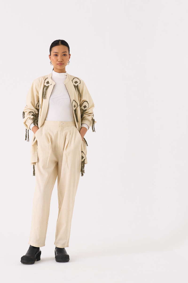 FRINGE BOMBER JACKET CO-ORD 
(SET OF 2)-IVORY by THREE in ivory color for women in Singapore