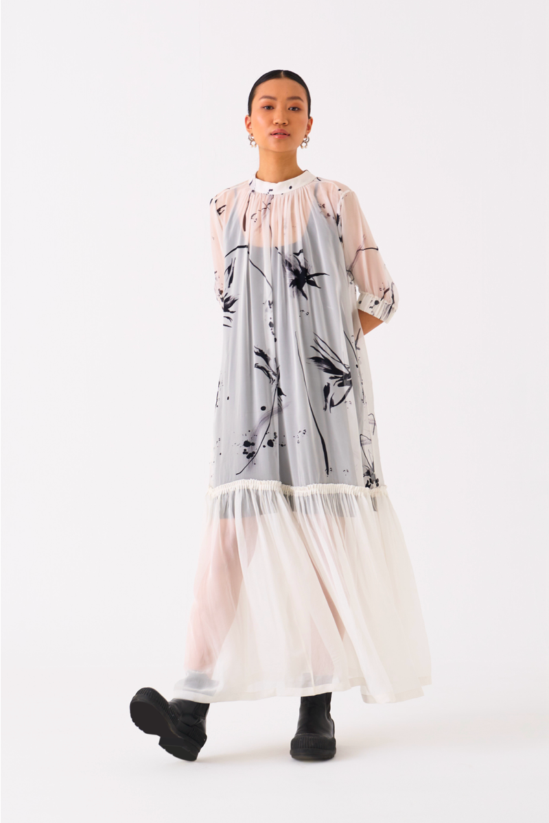 SHEER BOTTOM FRILL DRESS
-BLACK/WHITE organza by THREE in black color for women in Singapore