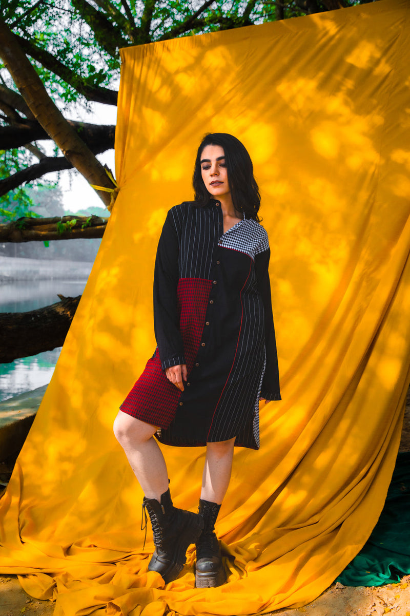 The Checkmate Shirt Dress cotton,gamcha dress by 145 East in black, maroon for women in Singapore