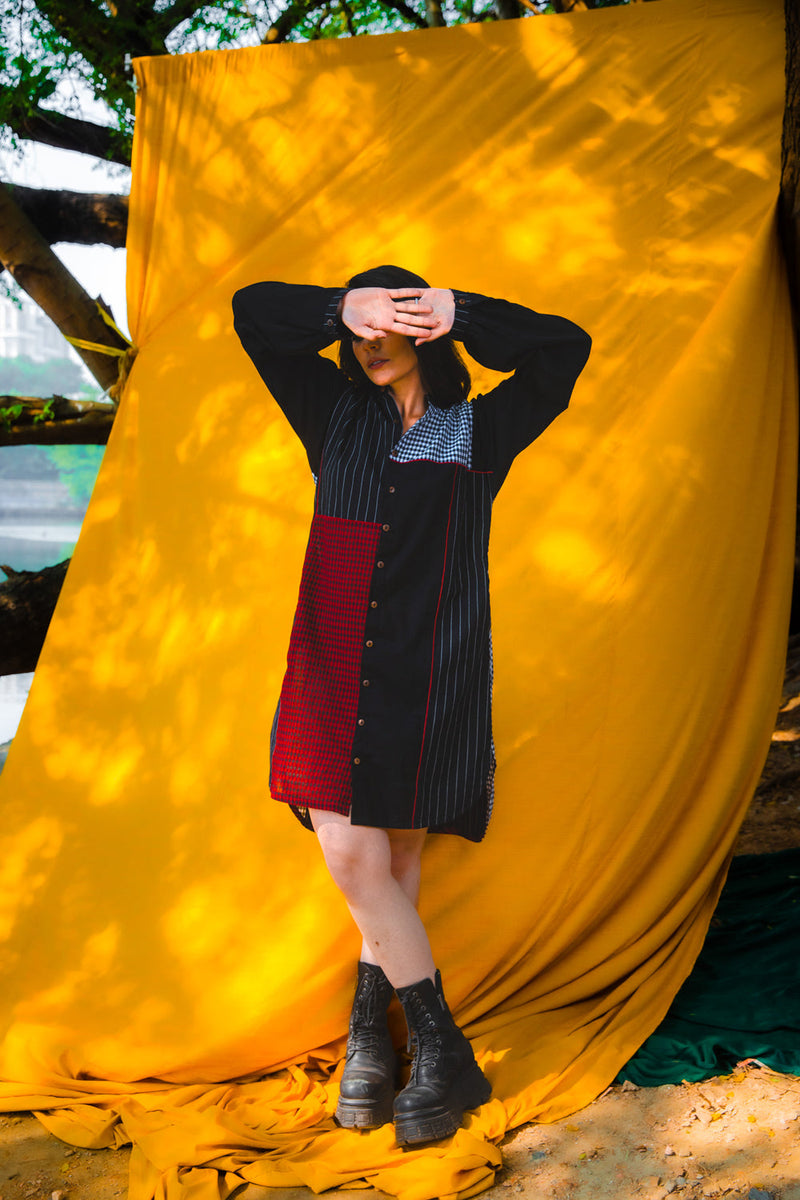 The Checkmate Shirt Dress cotton,gamcha dress by 145 East in black, maroon for women in Singapore