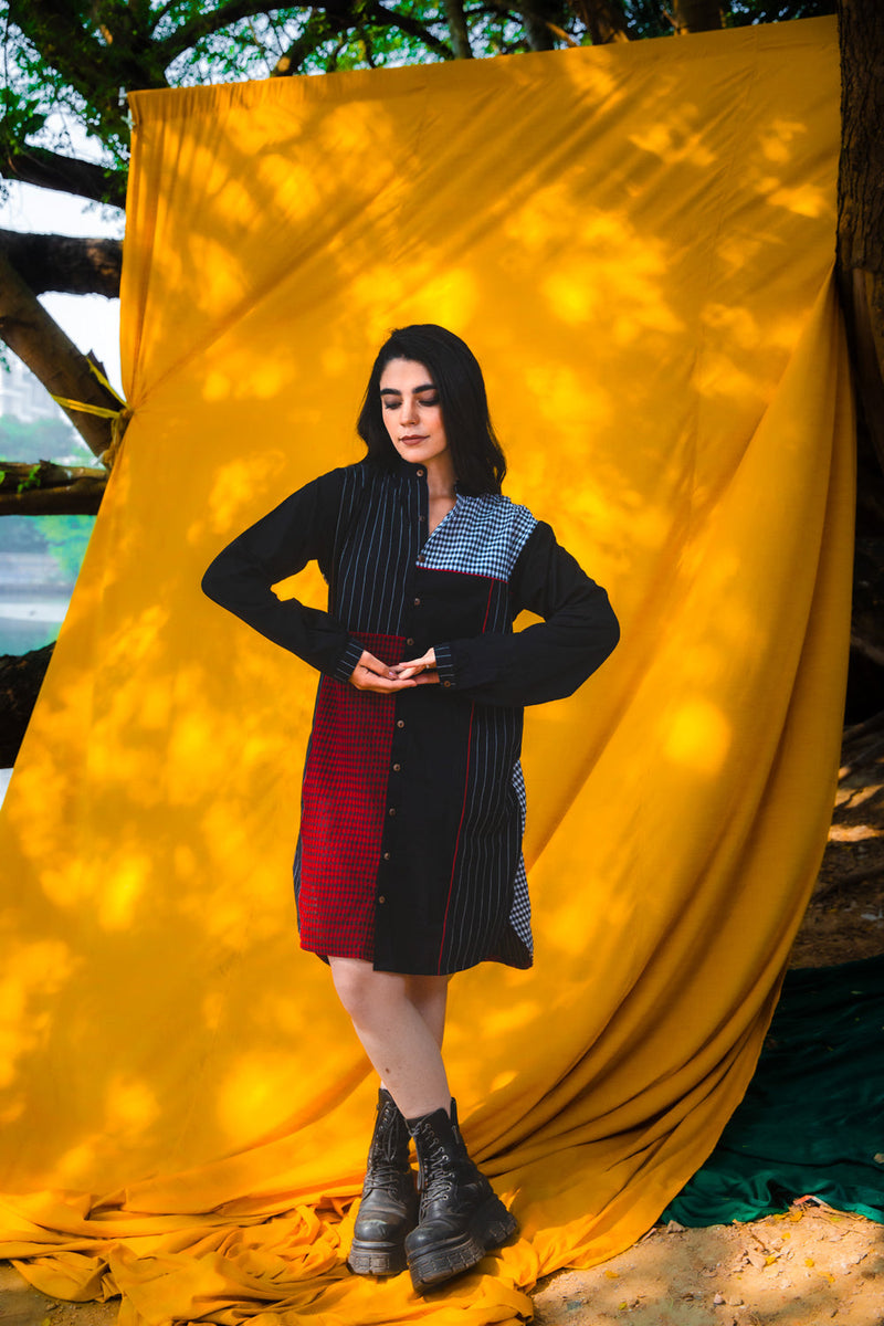 The Checkmate Shirt Dress cotton,gamcha dress by 145 East in black, maroon for women in Singapore