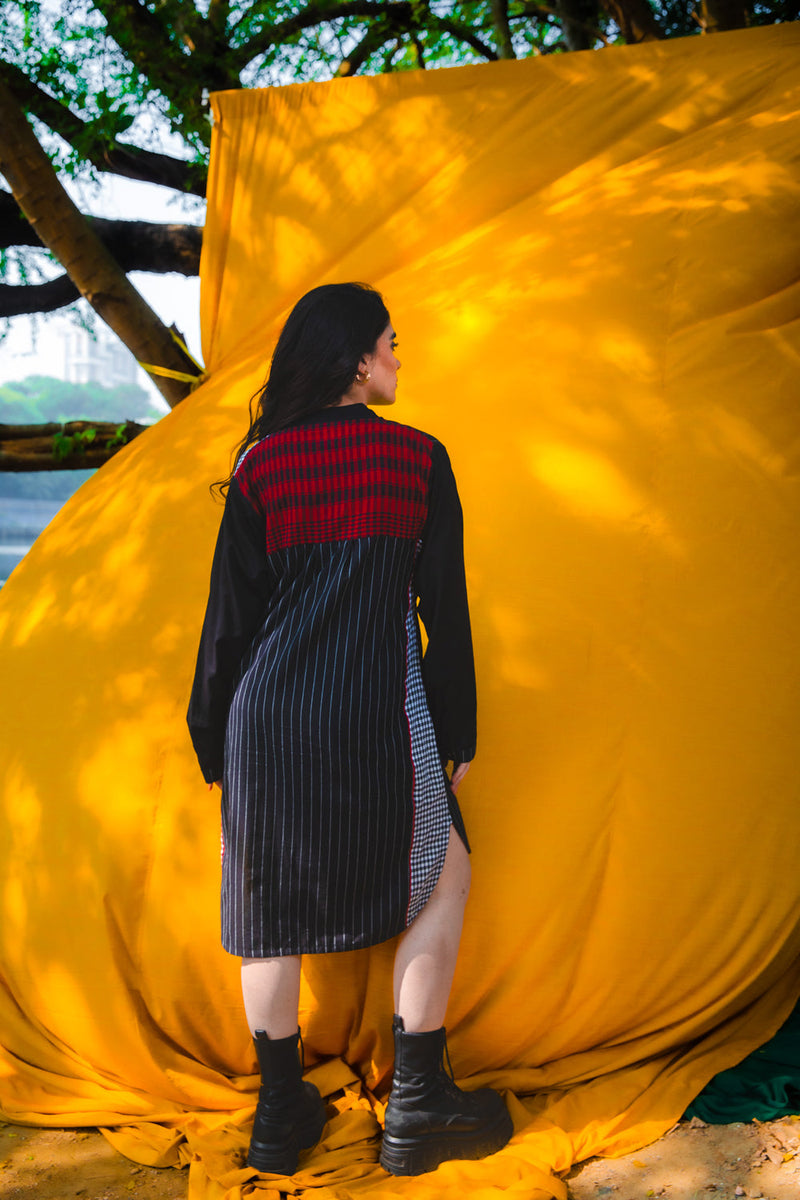 The Checkmate Shirt Dress cotton,gamcha dress by 145 East in black, maroon for women in Singapore