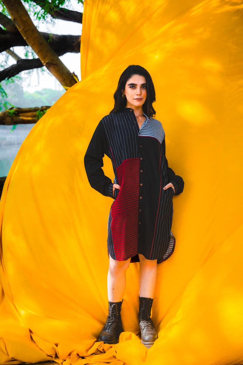 The Checkmate Shirt Dress cotton,gamcha dress by 145 East in black, maroon for women in Singapore