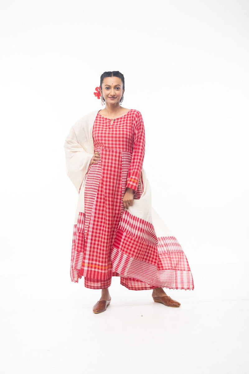 Side Panelled Red Dress + Palazzo + Dupatta (Set of 3) gamcha kurta/kurta set by 145 East in red, white for women in Singapore