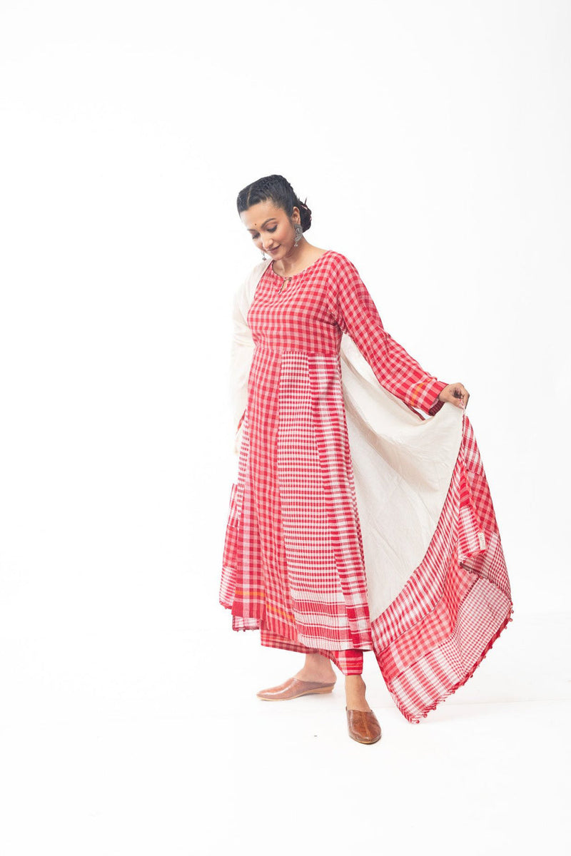 Side Panelled Red Dress + Palazzo + Dupatta (Set of 3) gamcha kurta/kurta set by 145 East in red, white for women in Singapore