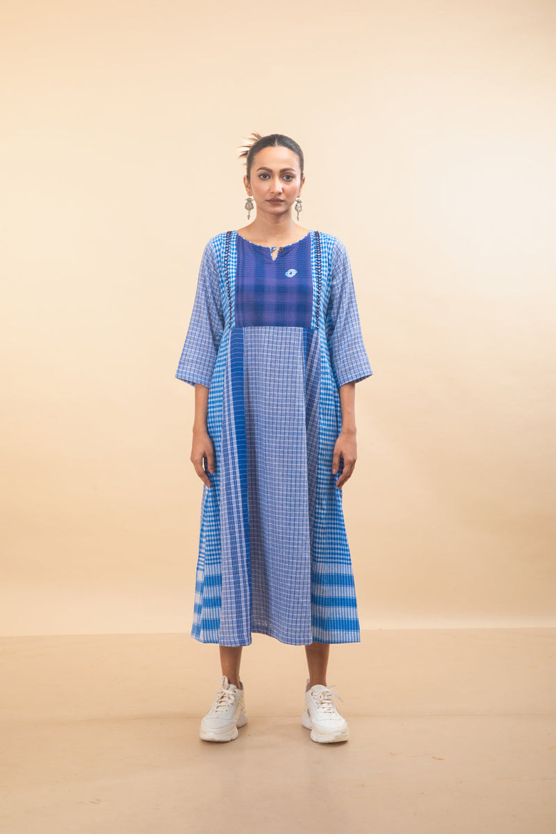 Blue Side Panelled Embroidered Dress gamcha dress by 145 East in blue for women in Singapore
