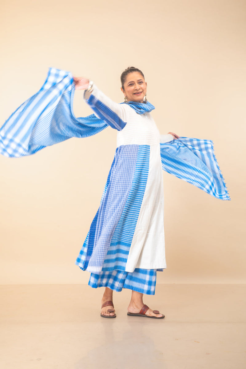 Blue Side Panelled Dress with Pintucks + Palazzo + Dupatta Set cotton,gamcha co-ord set by 145 East in white, blue for women in Singapore