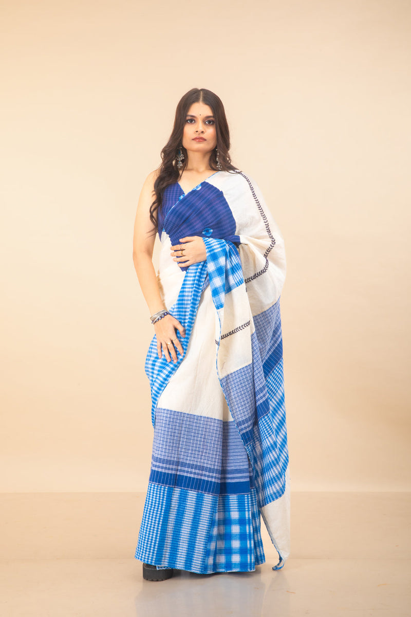 Indigo Grace Saree cotton,gamcha saree by 145 East in white, blue for women in Singapore