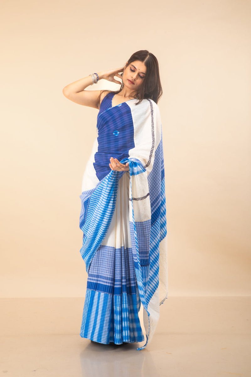 Indigo Grace Saree cotton,gamcha saree by 145 East in white, blue for women in Singapore
