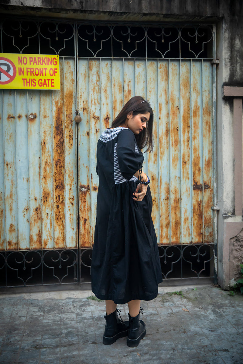 The Magpie Robin Dress cotton,gamcha dress by 145 East in black for women in Singapore