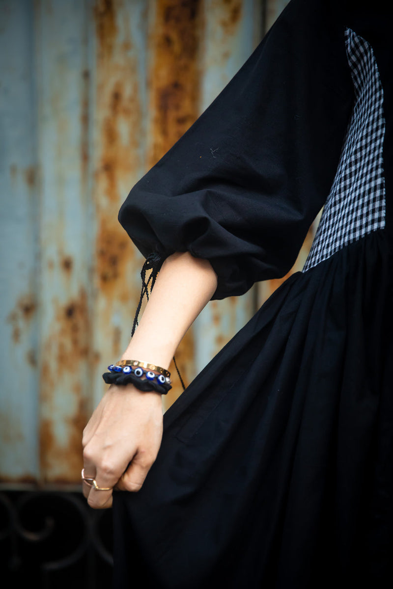 The Magpie Robin Dress cotton,gamcha dress by 145 East in black for women in Singapore