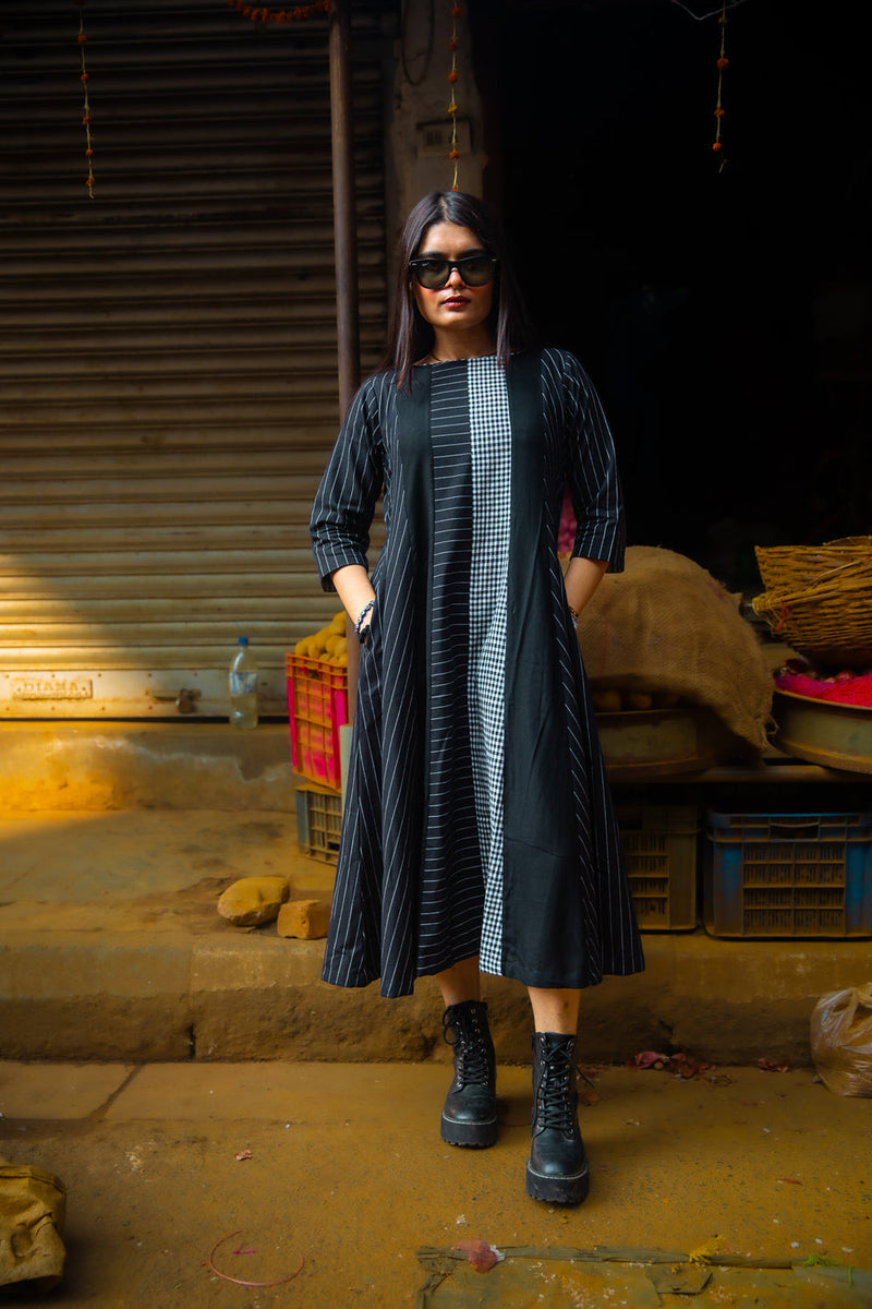 The Widowmaker- Striped Black Dress cotton,gamcha dress by 145 East in black for women in Singapore