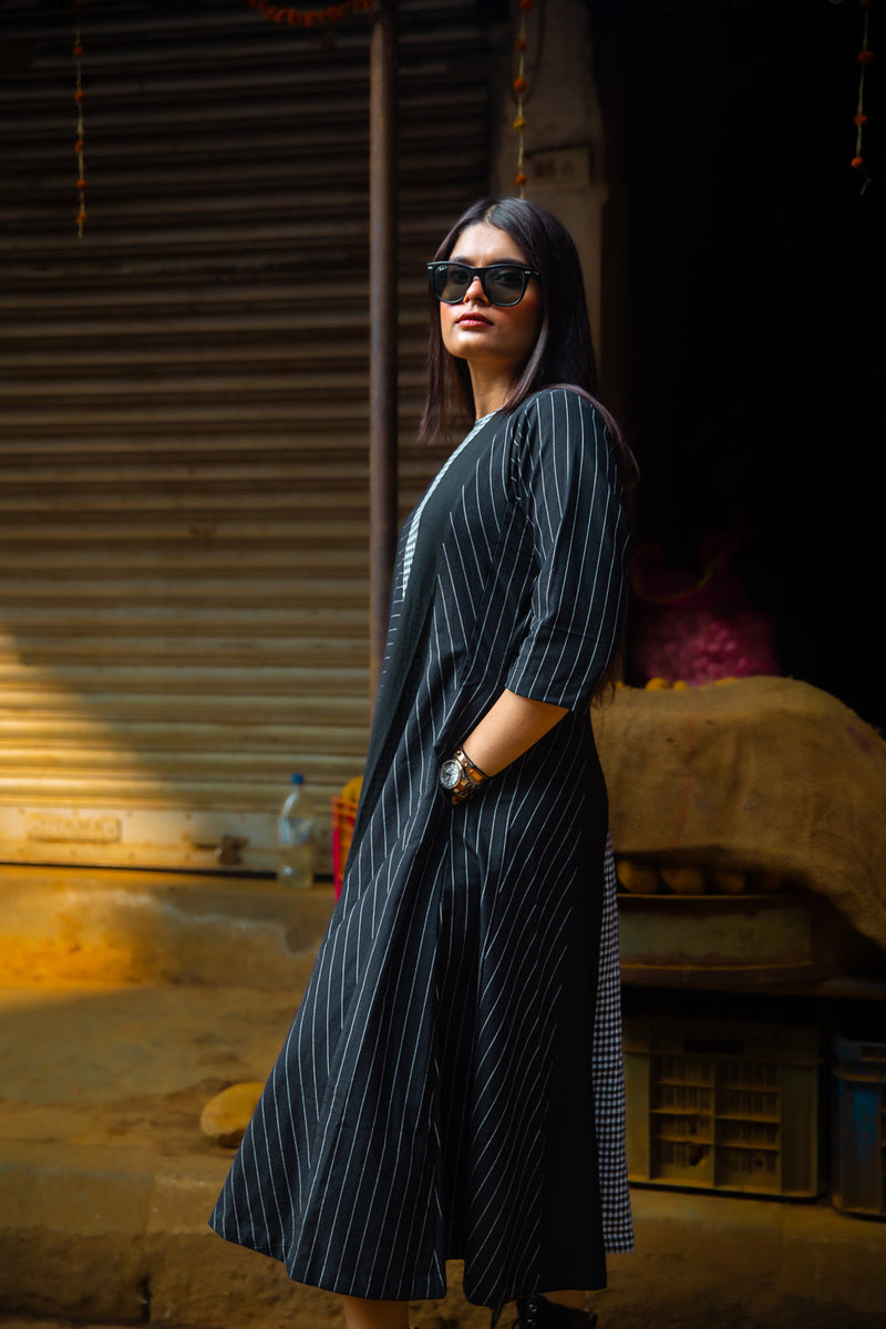 The Widowmaker- Striped Black Dress cotton,gamcha dress by 145 East in black for women in Singapore
