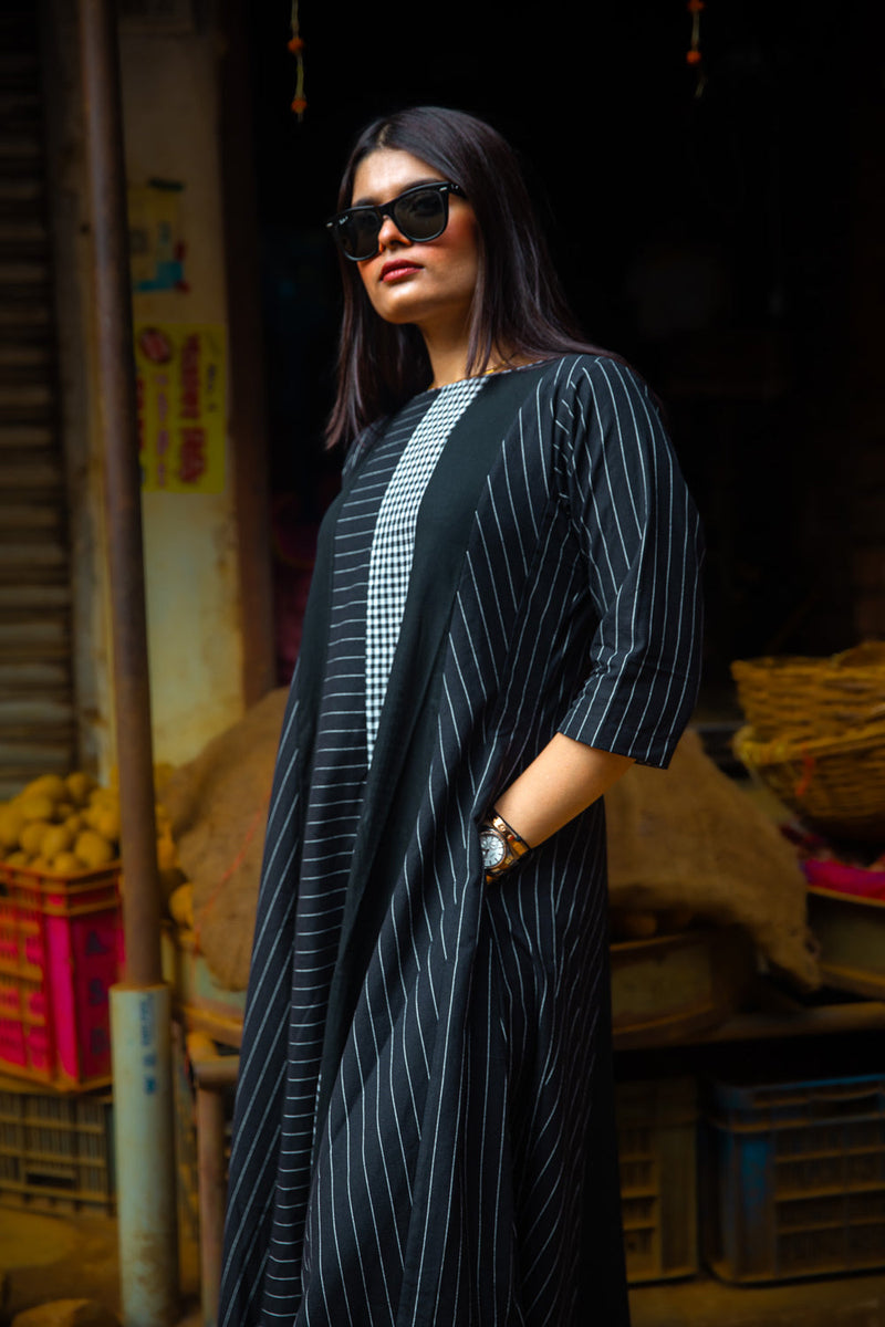 The Widowmaker- Striped Black Dress cotton,gamcha dress by 145 East in black for women in Singapore