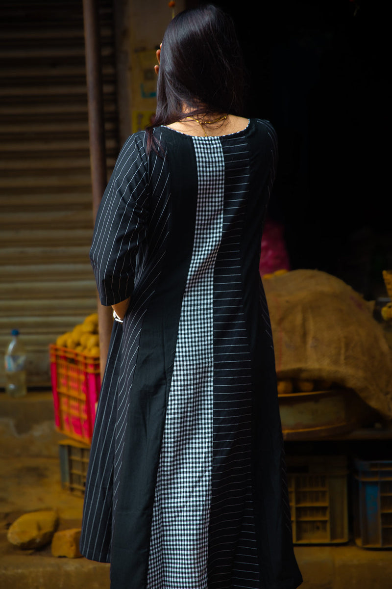 The Widowmaker- Striped Black Dress cotton,gamcha dress by 145 East in black for women in Singapore