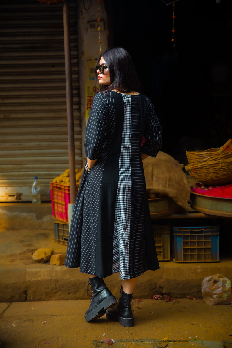 The Widowmaker- Striped Black Dress cotton,gamcha dress by 145 East in black for women in Singapore