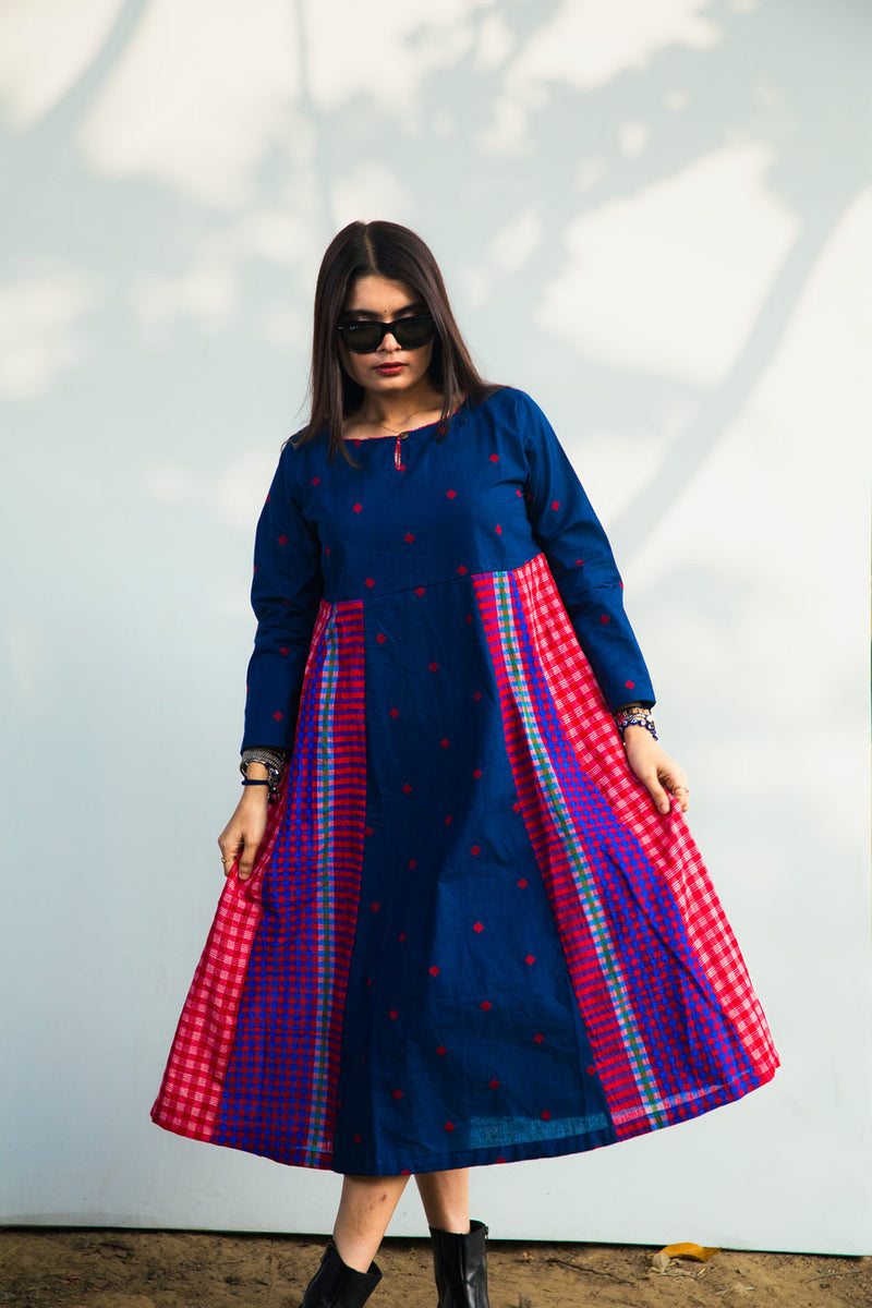 Cerulean Echo Dress cotton,gamcha dress by 145 East in blue, purple for women in Singapore