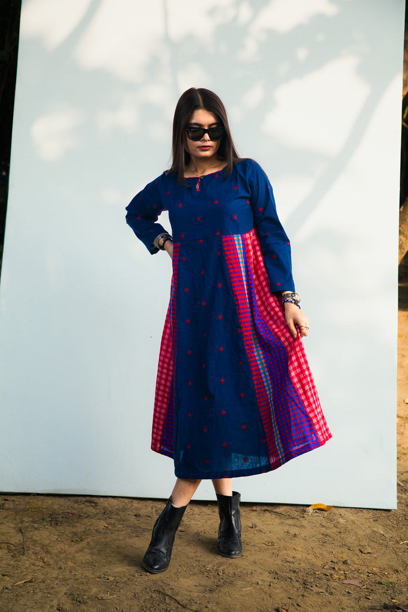 Cerulean Echo Dress cotton,gamcha dress by 145 East in blue, purple for women in Singapore