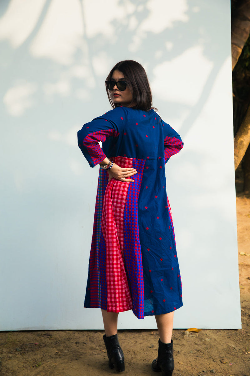Cerulean Echo Dress cotton,gamcha dress by 145 East in blue, purple for women in Singapore
