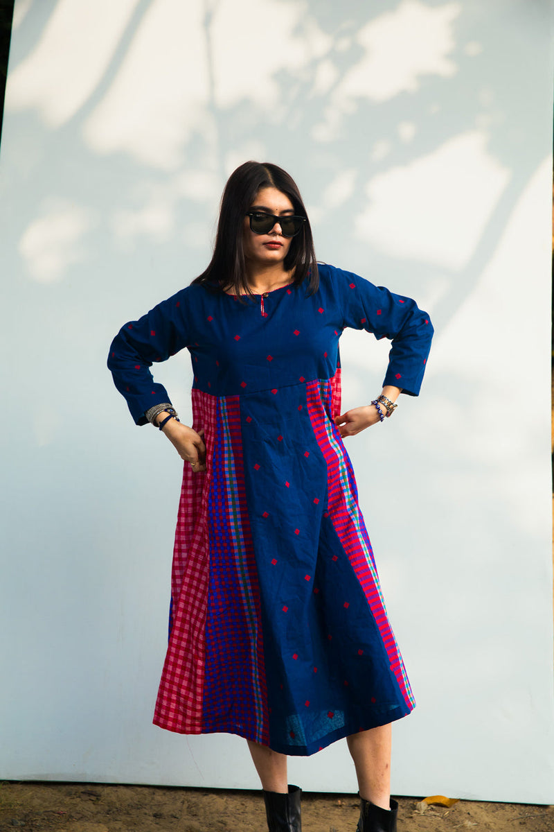 Cerulean Echo Dress cotton,gamcha dress by 145 East in blue, purple for women in Singapore