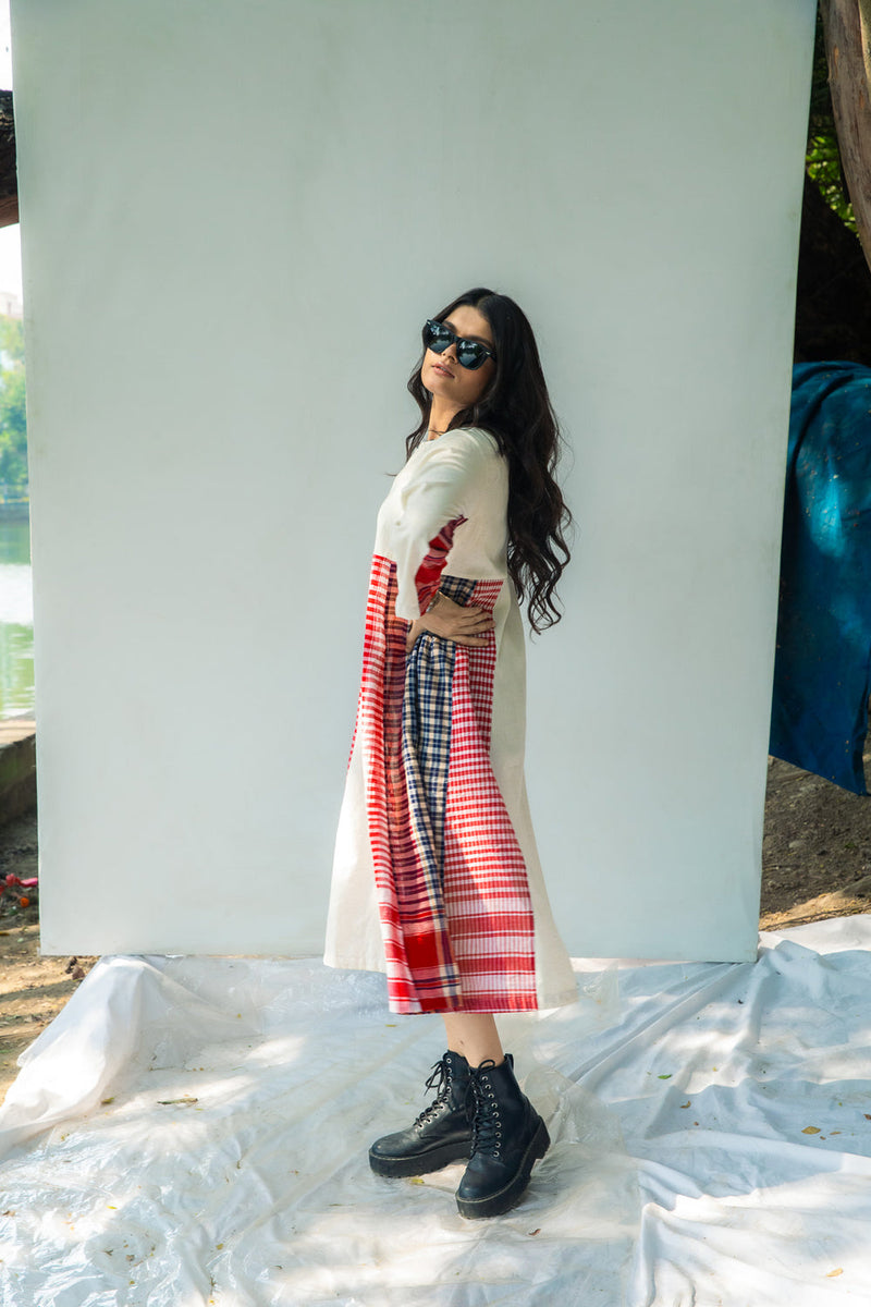 Side Panelled Dress + Palazzo Set (2 Piece Set) cotton,gamcha kurta/kurta set by 145 East in red, white for women in Singapore