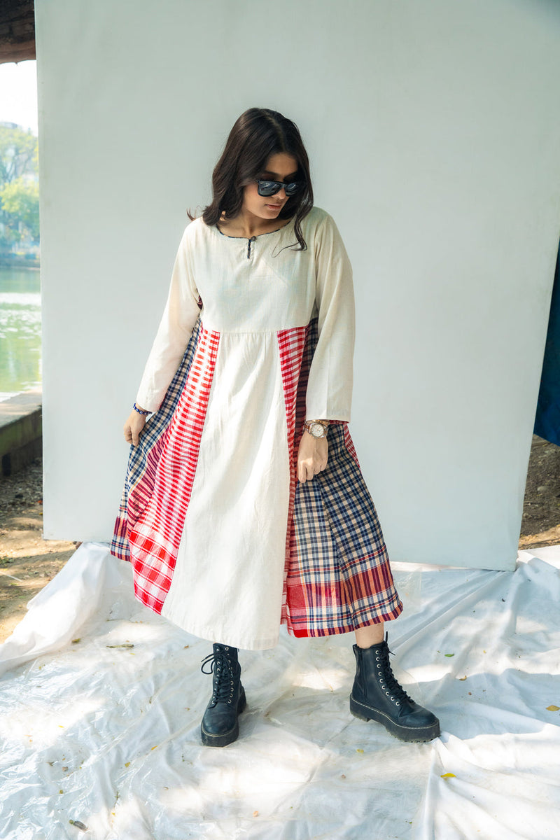 Side Panelled Dress + Palazzo Set (2 Piece Set) cotton,gamcha kurta/kurta set by 145 East in red, white for women in Singapore