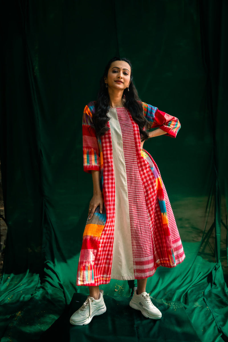 The Cloud Cluster 16 Panelled Dress cotton,gamcha dress by 145 East in multicolour for women in Singapore