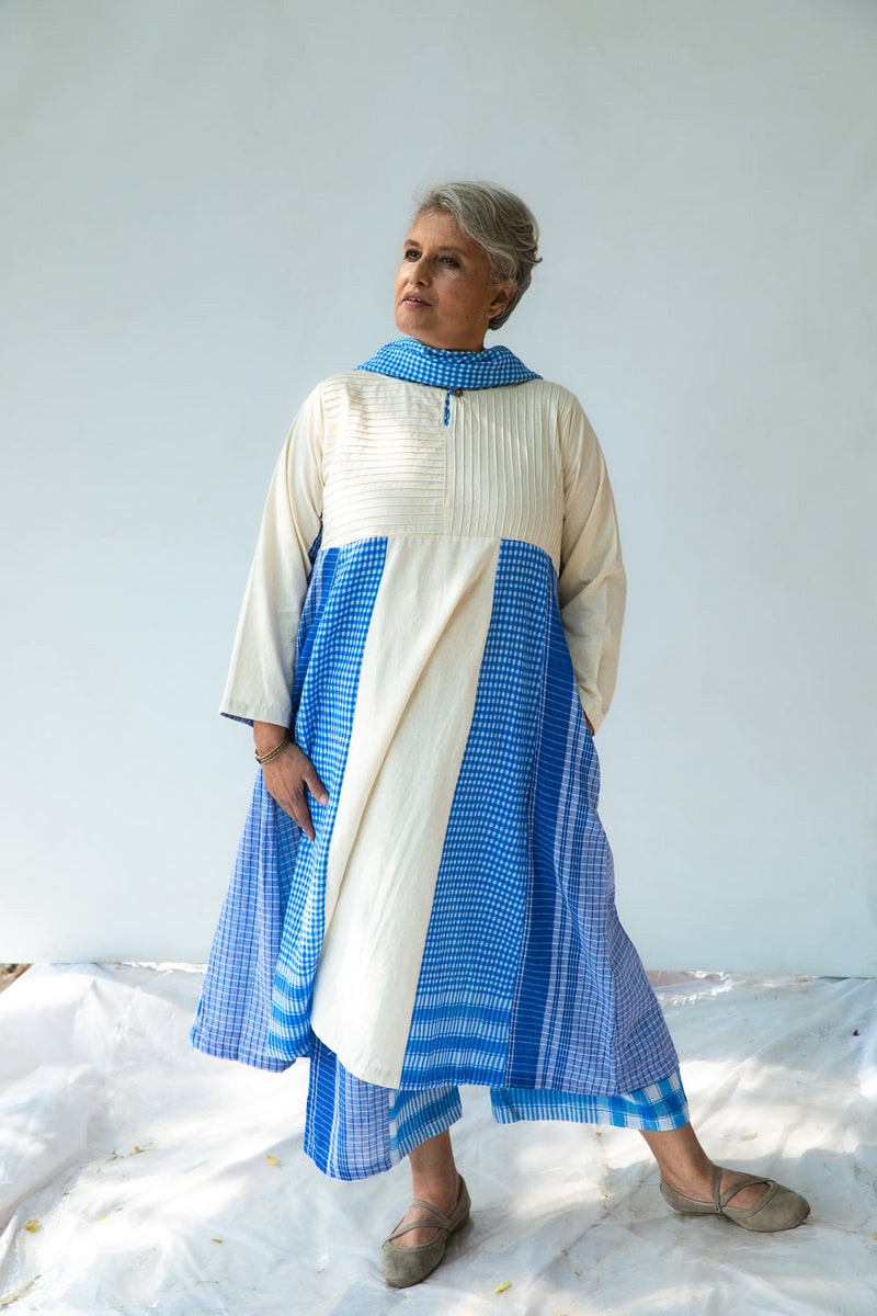 Blue Side Panelled Dress with Pintucks + Palazzo + Dupatta Set cotton,gamcha co-ord set by 145 East in white, blue for women in Singapore