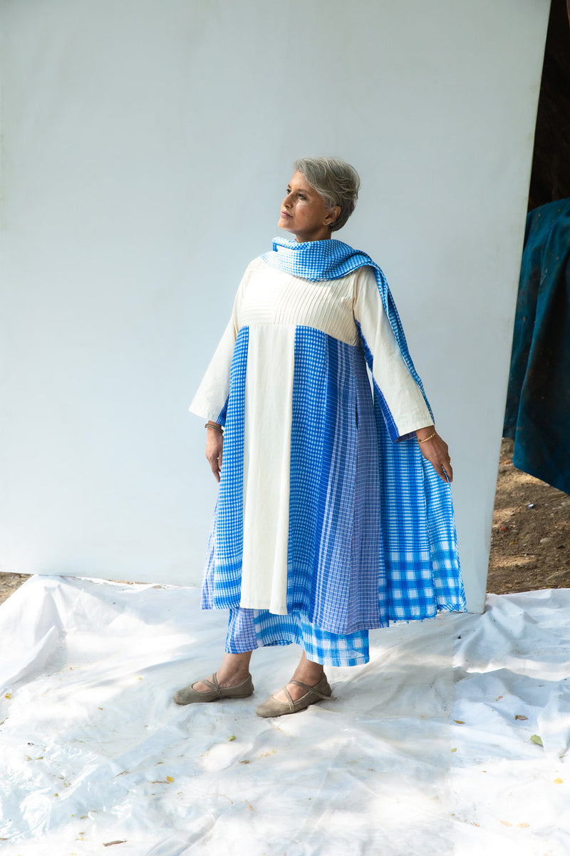 Blue Side Panelled Dress with Pintucks + Palazzo + Dupatta Set cotton,gamcha co-ord set by 145 East in white, blue for women in Singapore