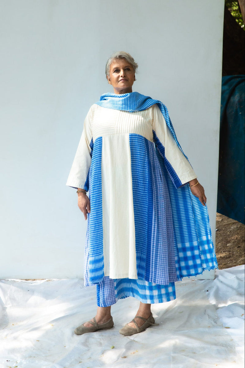 Blue Side Panelled Dress with Pintucks + Palazzo + Dupatta Set cotton,gamcha co-ord set by 145 East in white, blue for women in Singapore