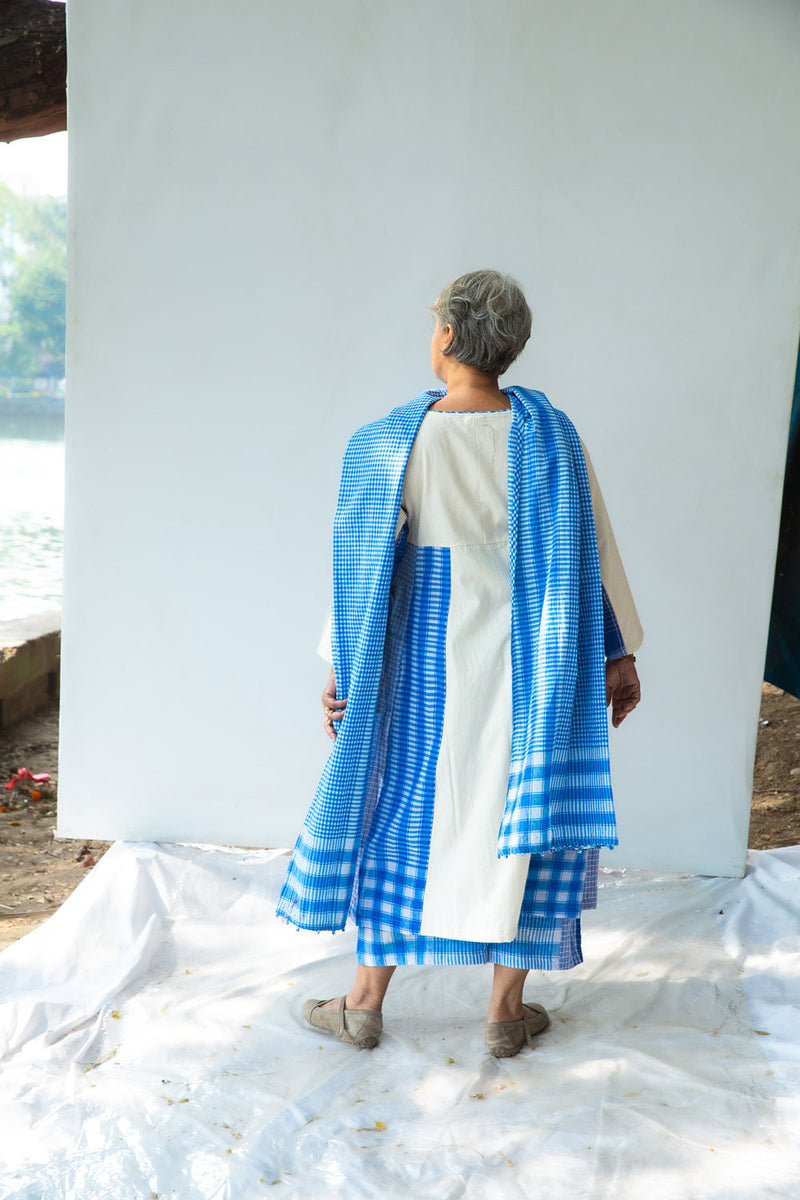 Blue Side Panelled Dress with Pintucks + Palazzo + Dupatta Set cotton,gamcha co-ord set by 145 East in white, blue for women in Singapore