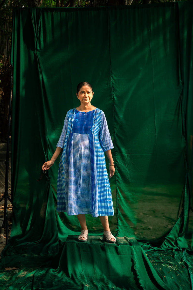Blue Side Panelled Embroidered Dress gamcha dress by 145 East in blue for women in Singapore