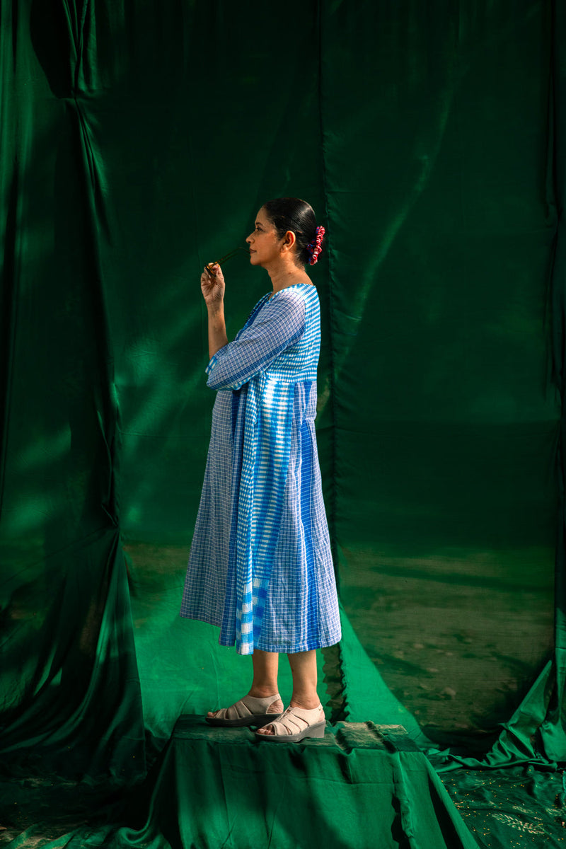 Blue Side Panelled Embroidered Dress gamcha dress by 145 East in blue for women in Singapore