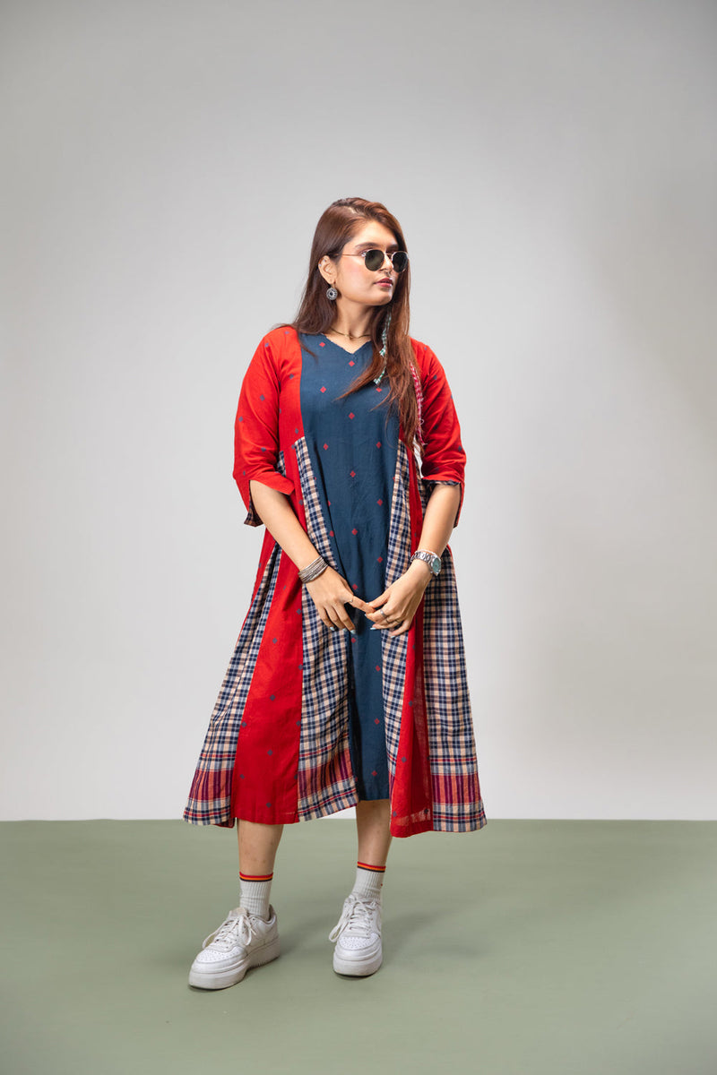Poppy Set (Dress + Palazzo) cotton,gamcha co-ord set by 145 East in red, blue for women in Singapore
