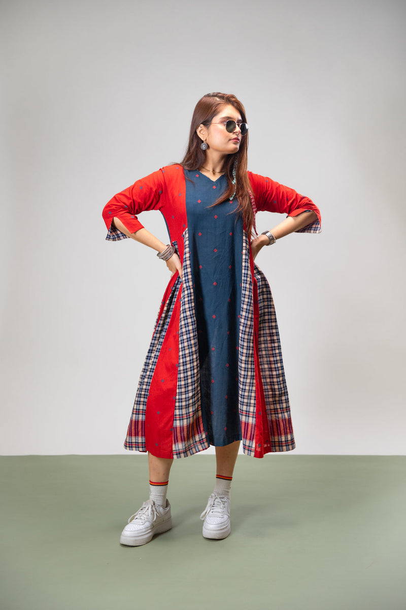 Poppy Dress cotton,gamcha dress by 145 East in red, blue for women in Singapore