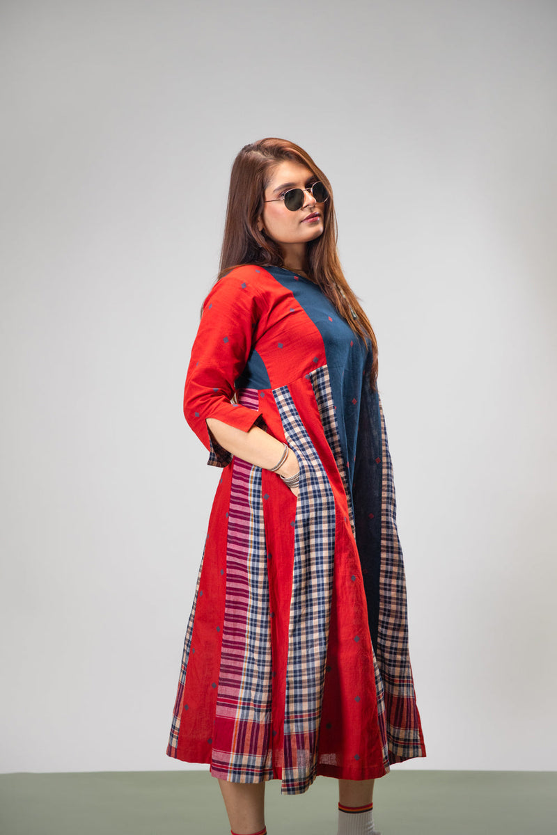 Poppy Set (Dress + Palazzo) cotton,gamcha co-ord set by 145 East in red, blue for women in Singapore