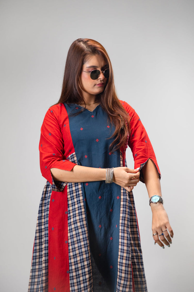 Poppy Set (Dress + Palazzo) cotton,gamcha co-ord set by 145 East in red, blue for women in Singapore