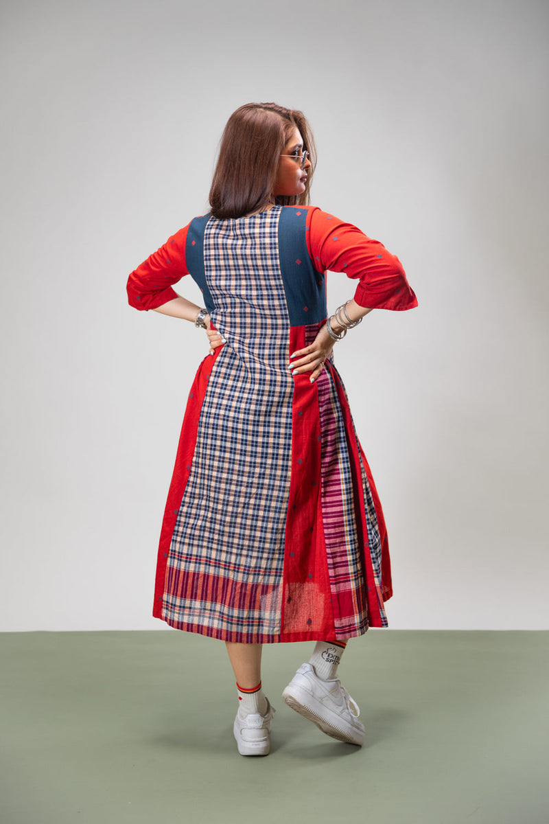 Poppy Set (Dress + Palazzo) cotton,gamcha co-ord set by 145 East in red, blue for women in Singapore