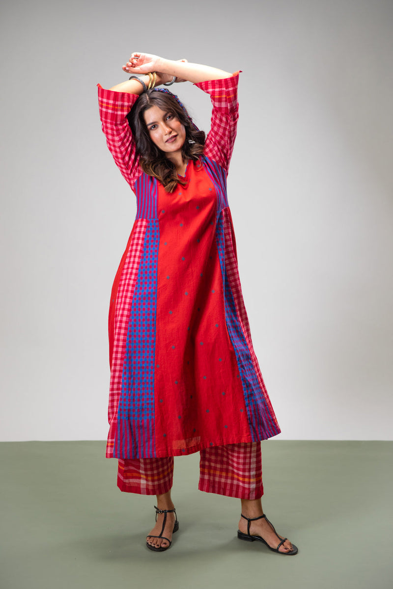 Amethyst Set (Dress + Palazzo) cotton,gamcha co-ord set by 145 East in red, purple for women in Singapore