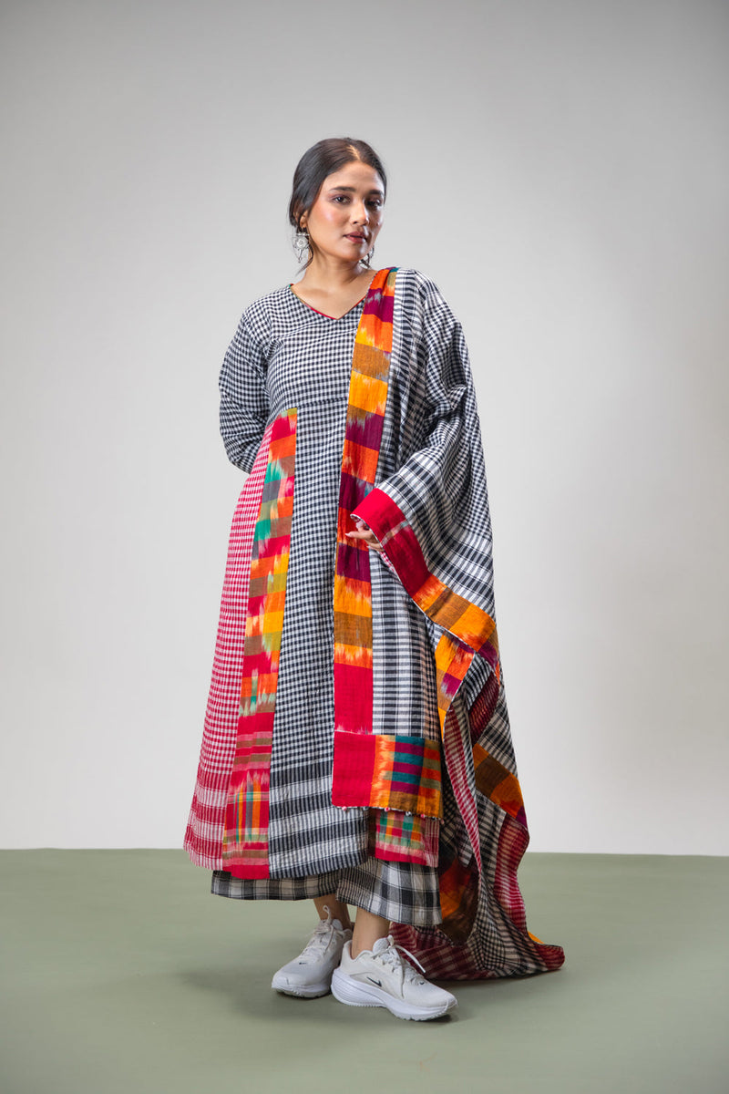 Halo Dress + Palazzo + Dupatta Set gamcha co-ord set by 145 East in black, red, multicolour for women in Singapore