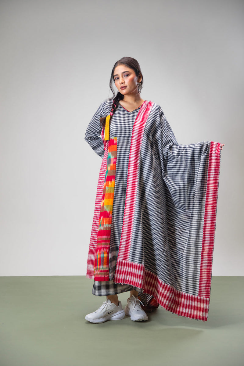Halo Dress + Palazzo + Dupatta Set gamcha co-ord set by 145 East in black, red, multicolour for women in Singapore