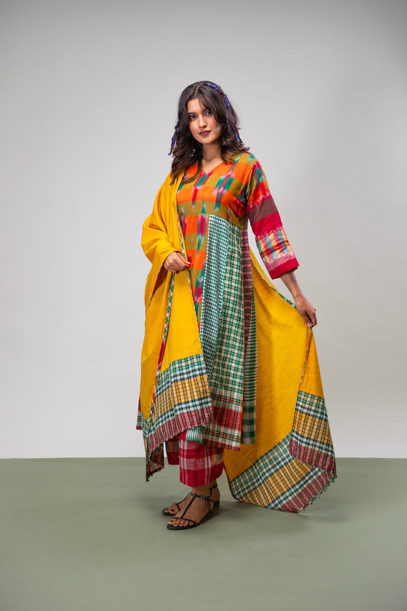 Aurelia Dress + Palazzo + Dupatta Set cotton,gamcha co-ord set by 145 East in multicolour, yellow, green for women in Singapore