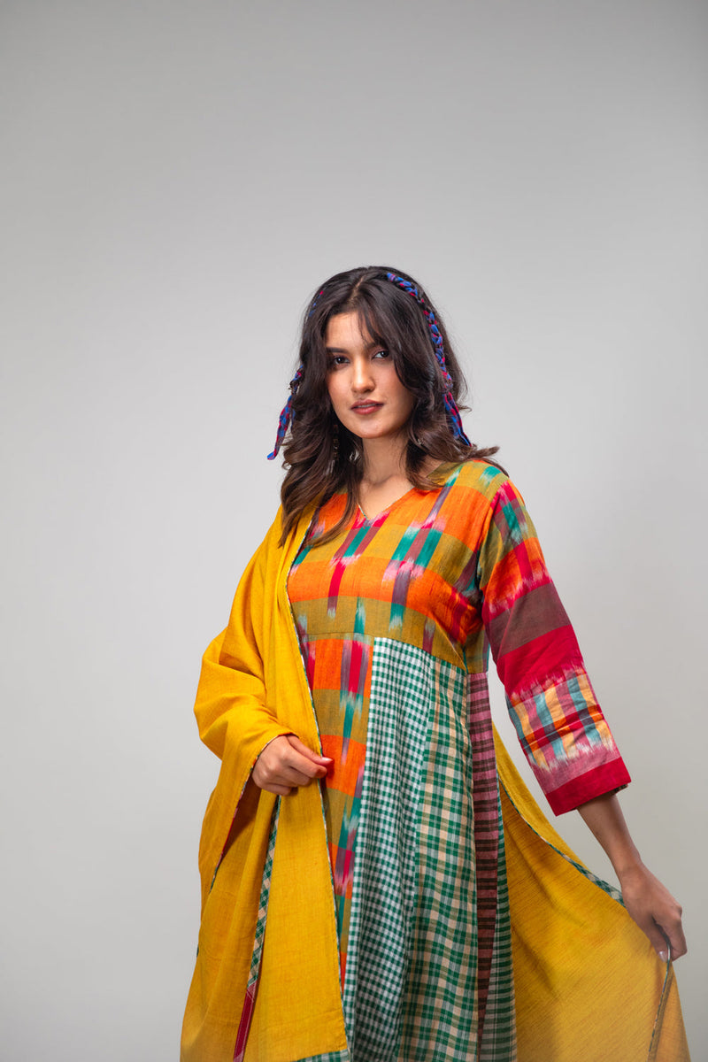 Aurelia Dress + Palazzo + Dupatta Set cotton,gamcha co-ord set by 145 East in multicolour, yellow, green for women in Singapore